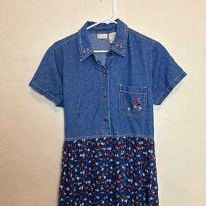 VTG BOBBIE BROOKS Denim Shirt Dress Floral Embroidery Cottagecore Modest Country